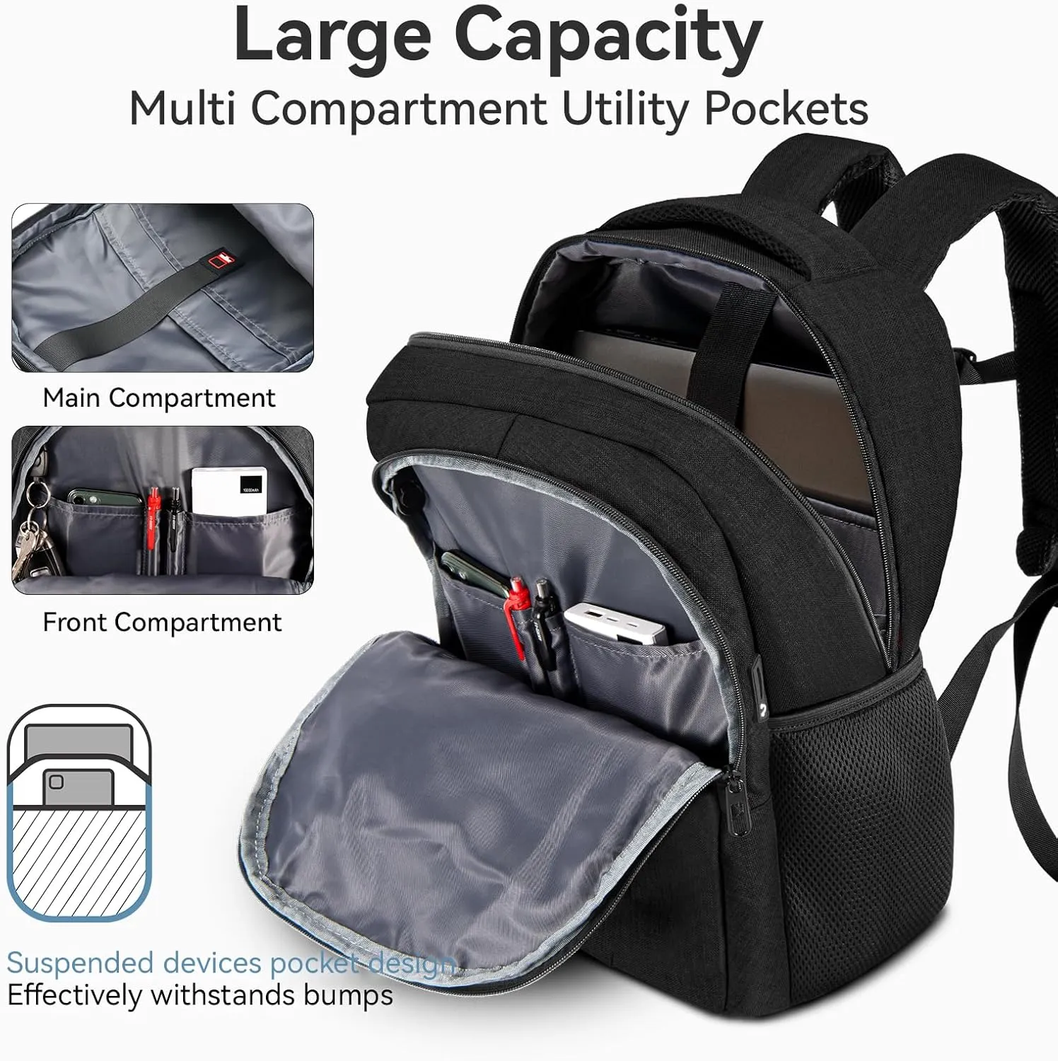 15.6 Inch Laptop Backpack with Laptop Compartment - Anti-Theft Travel Computer Bag with USB Charging Port - Business, Work, and College Carry-On Backpack for Women & Men, 21L, Black