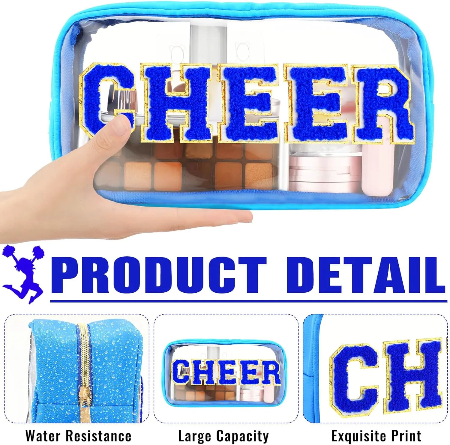 Abbylike Cheer Clear Makeup Letter Bag Cosmetic Zipper Cheers Pouch Chenille Patch Cheerleader Gifts Preppy Cheer Nylon Handmade Toiletry Bags for Women Girls Gifts (1, Blue)