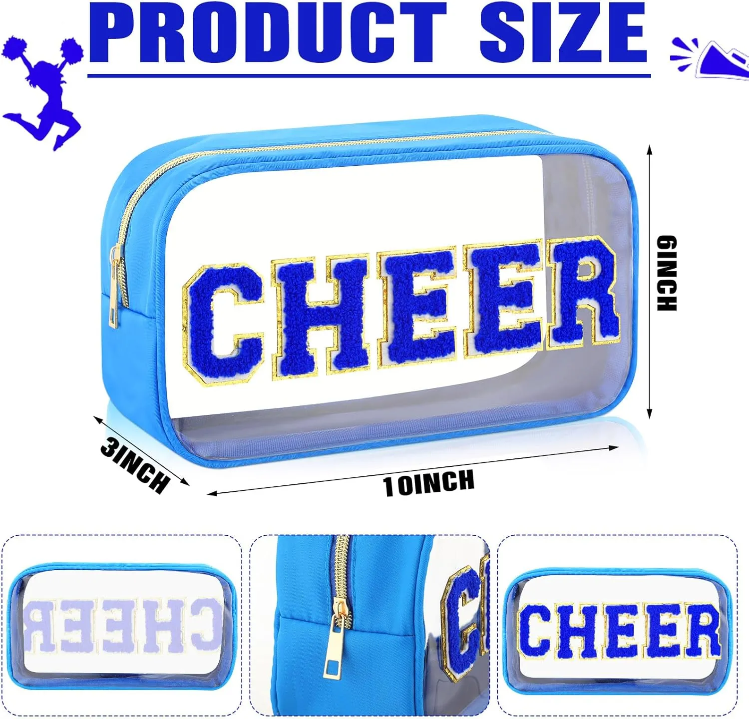 Abbylike Cheer Clear Makeup Letter Bag Cosmetic Zipper Cheers Pouch Chenille Patch Cheerleader Gifts Preppy Cheer Nylon Handmade Toiletry Bags for Women Girls Gifts (1, Blue)