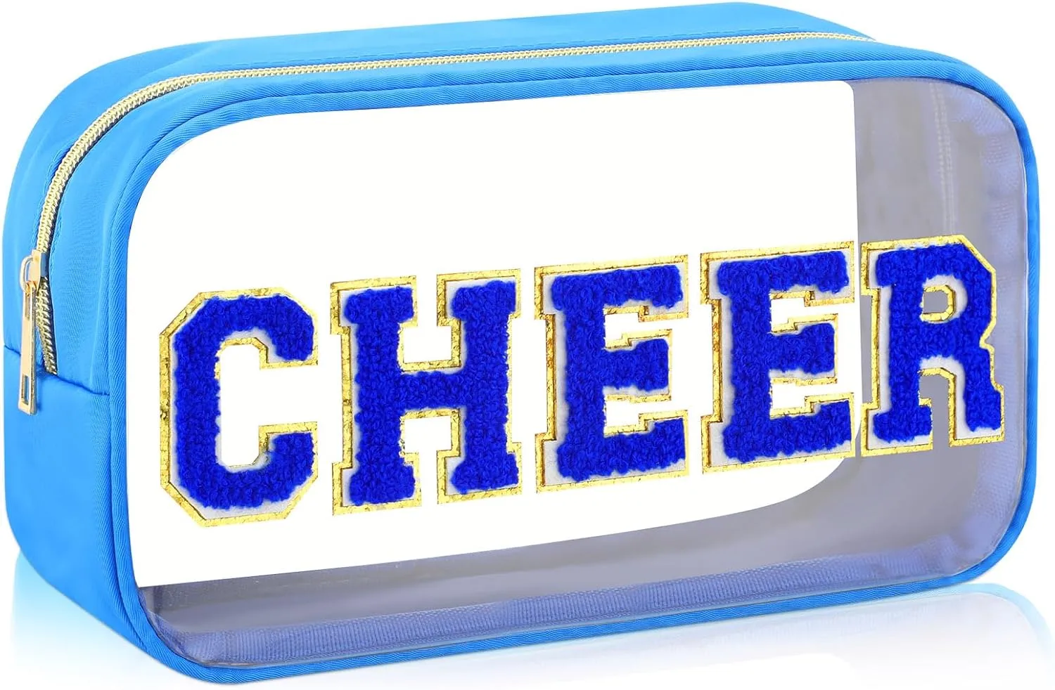 Abbylike Cheer Clear Makeup Letter Bag Cosmetic Zipper Cheers Pouch Chenille Patch Cheerleader Gifts Preppy Cheer Nylon Handmade Toiletry Bags for Women Girls Gifts (1, Blue)