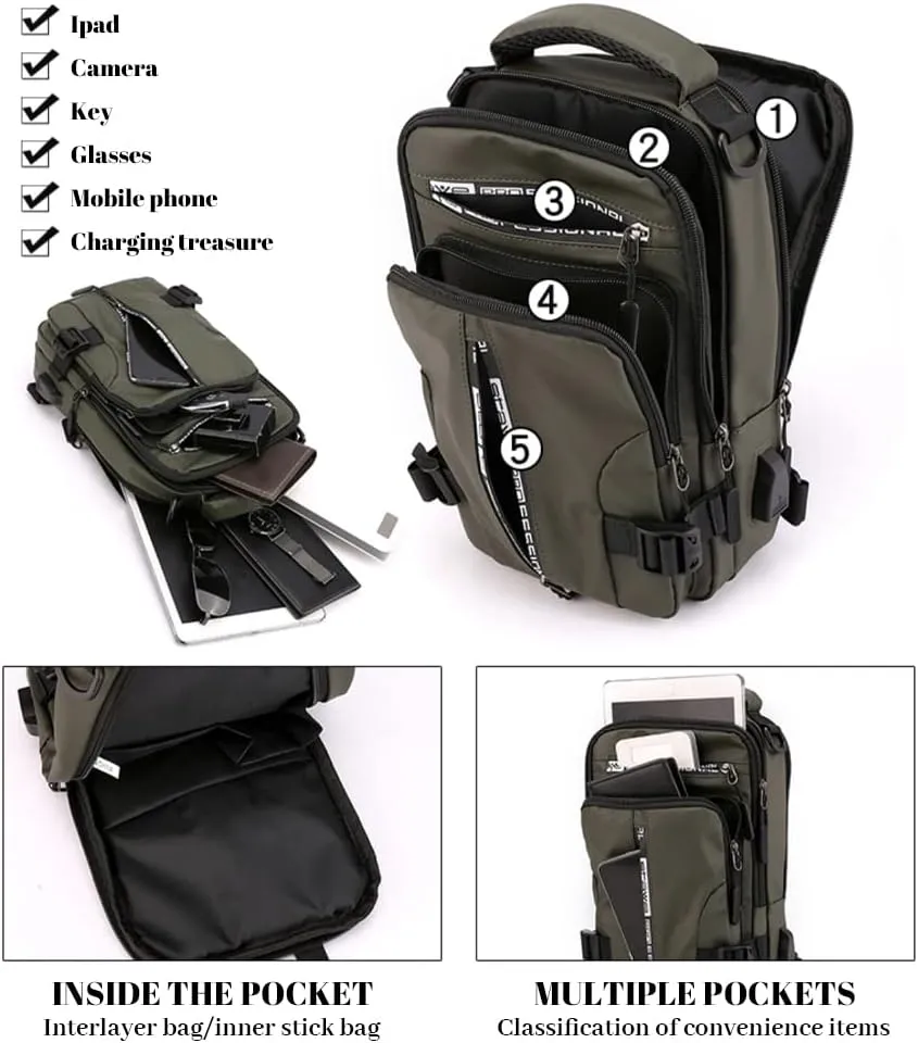 Bealin Waterproof Sling Bag Crossbody Backpack for Men Women Multipurpose Waist Pack with USB Charging Port for Hiking Walking Blue