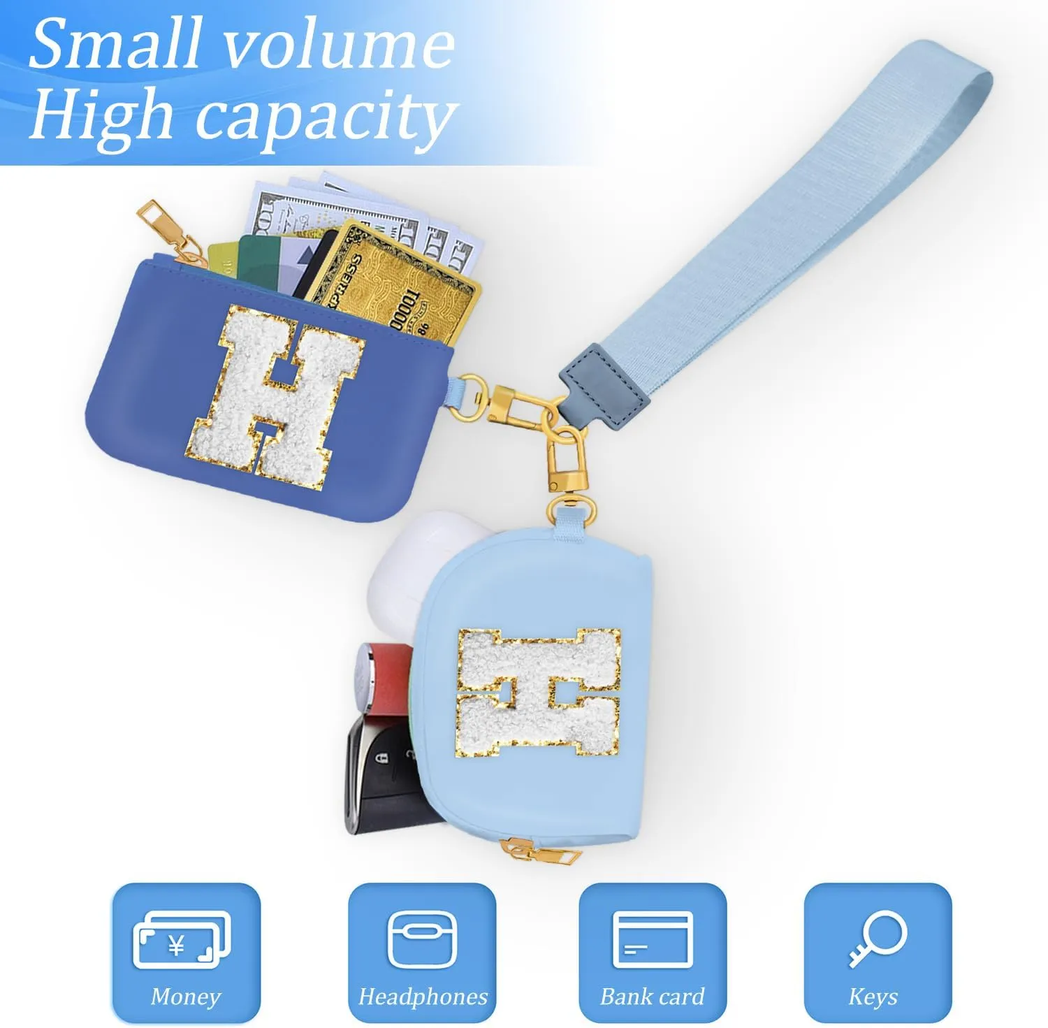 Birthday Gifts for Girls, Teen Girl Gifts Trendy Stuff,Initial Wristlet Wallets for Women, dual Pouch Wristlet Cute Stuff for Girls Women Teen Gift mini coin purse (K, Blue)