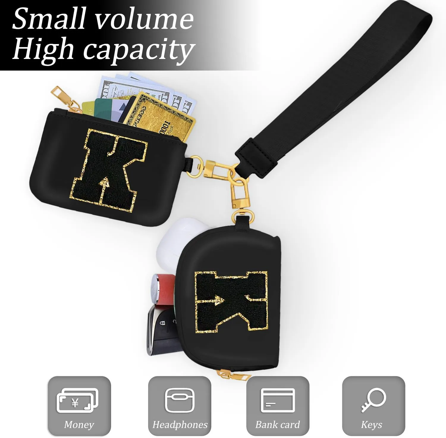 Birthday Gifts for Girls, Teen Girl Gifts Trendy Stuff,Initial Wristlet Wallets for Women, dual Pouch Wristlet Cute Stuff for Girls Women Teen Gift mini coin purse (M, Black)
