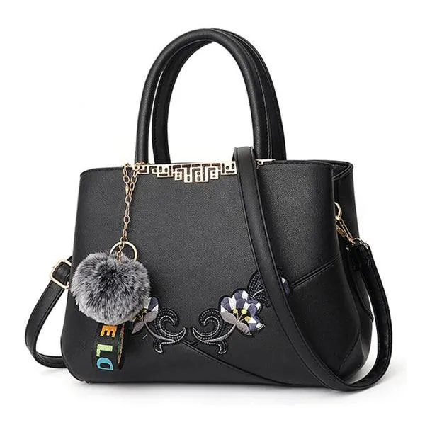 Black French Hobo With Faux - Fur Cham Shape Tote Handbag