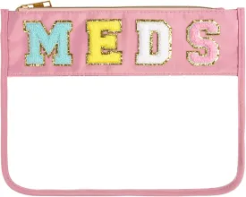 Chenille Snack Bags Letter Clear Snacks Pouch, Preppy Medicine Bag for Travel, Waterproof MEDS Makeup Cosmetic Bag Monogram Nylon and PVC Flat Stadium Purse with Zipper for Women/Girl (Pink MEDS)