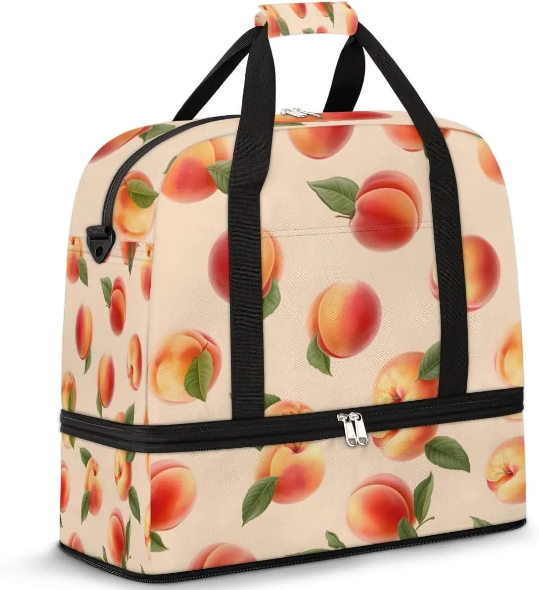 Cute Fruit Peach Travel Duffel Bag with Foldable Shoe Compartment Shoulder Tote Travel Weekend Bag Sports Gym Overnight Bags