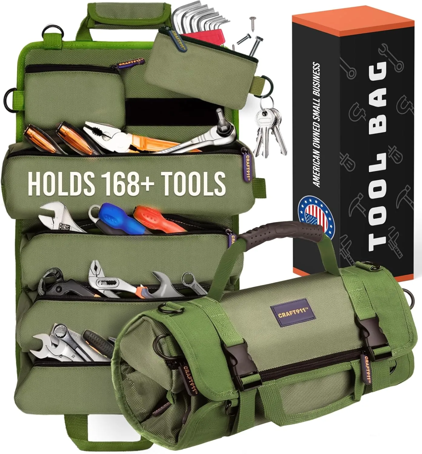 Durable Tool Bag Organizers w/Detachable 6 Tool Pouches  Small Roll Up Bag | Compact & Lightweight Roll Up Tool Bag Organizer for Electrician, Mechanic, Hobbyist  Fathers Day Gifts  Green