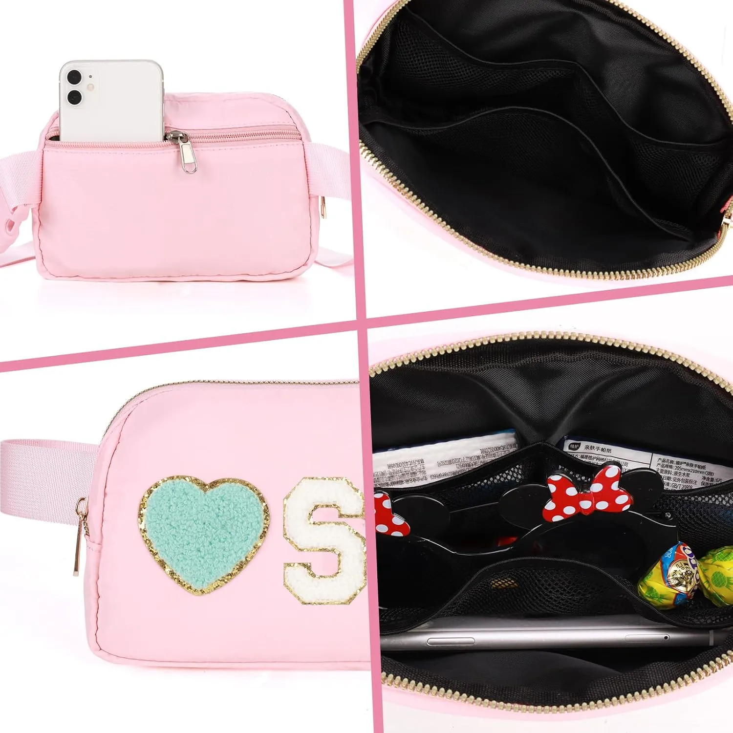 Fanny Pack for Girls 4-14, Nylon Kids Crossbody Bag Belt Bag with Keychain, Party Waist Bags for Kids Teens Girls, Personalized Gifts for Birthday Party Christmas, Pink J