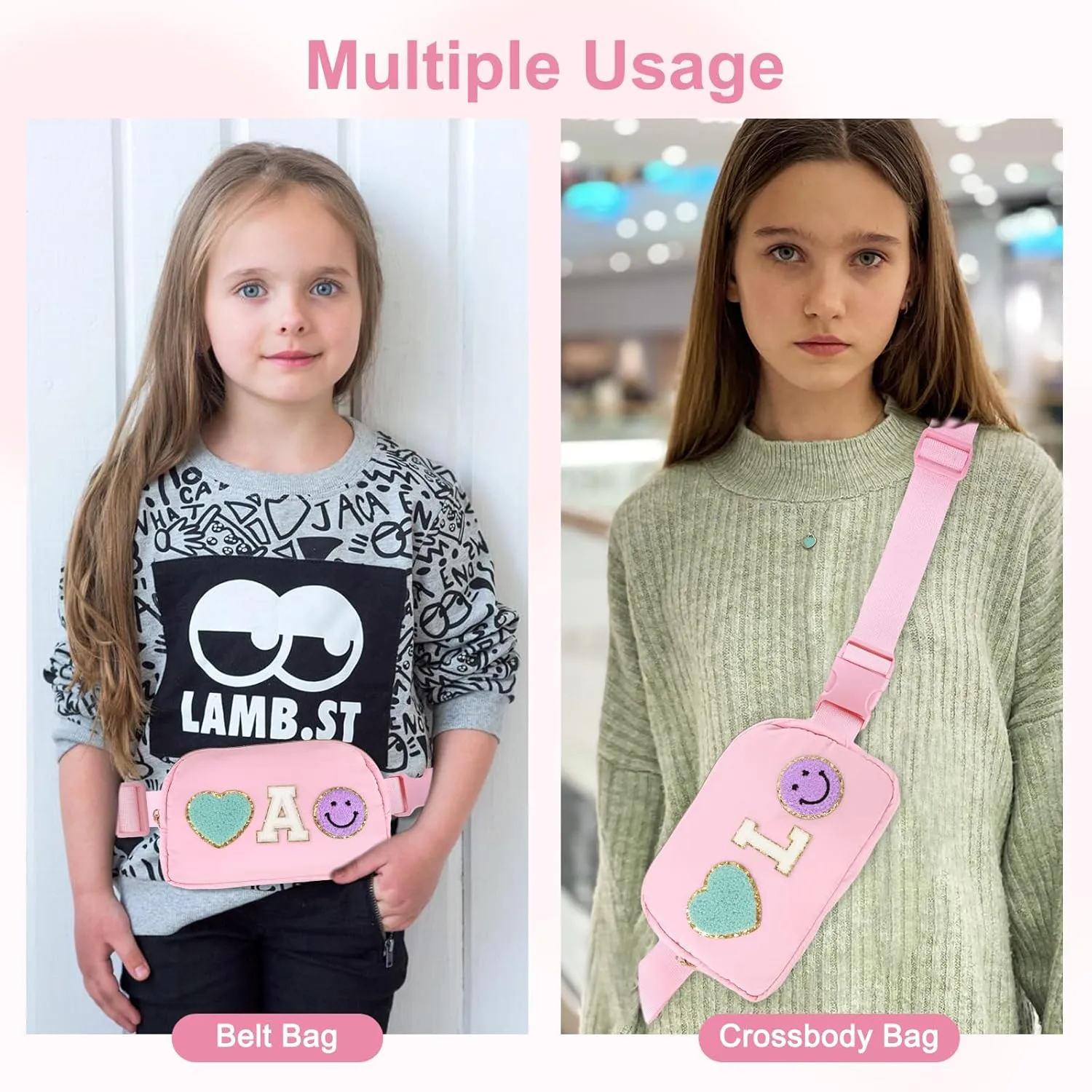 Fanny Pack for Girls 4-14, Nylon Kids Crossbody Bag Belt Bag with Keychain, Party Waist Bags for Kids Teens Girls, Personalized Gifts for Birthday Party Christmas, Pink J