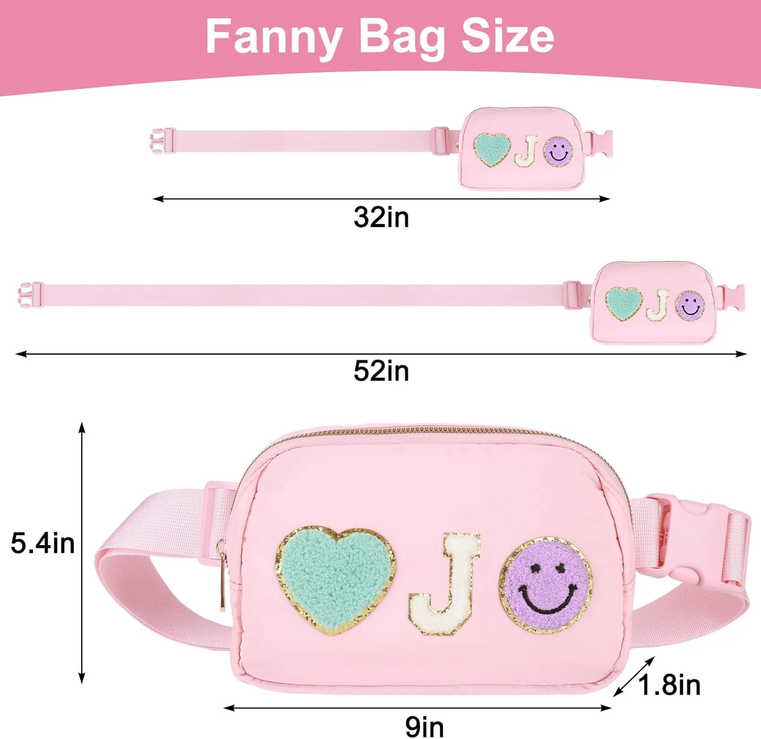 Fanny Pack for Girls 4-14, Nylon Kids Crossbody Bag Belt Bag with Keychain, Party Waist Bags for Kids Teens Girls, Personalized Gifts for Birthday Party Christmas, Pink J