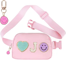 Fanny Pack for Girls 4-14, Nylon Kids Crossbody Bag Belt Bag with Keychain, Party Waist Bags for Kids Teens Girls, Personalized Gifts for Birthday Party Christmas, Pink J