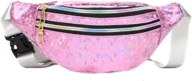 Fanny Pack Waist Bag for Women Beach Travel Sports Running Belt Bags Waterproof Purse Laser PU Chest Bags (APink)