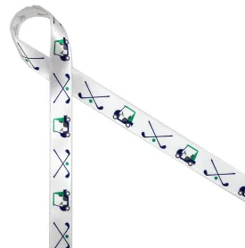 Golf theme ribbon with carts and clubs in Green and Blue printed on 5/8" white single face satin