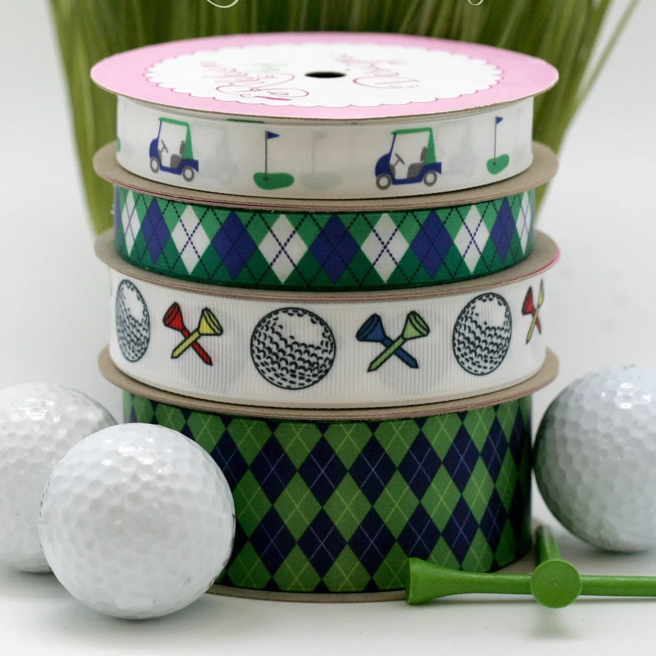 Golf theme ribbon with carts and clubs in Green and Blue printed on 5/8" white single face satin