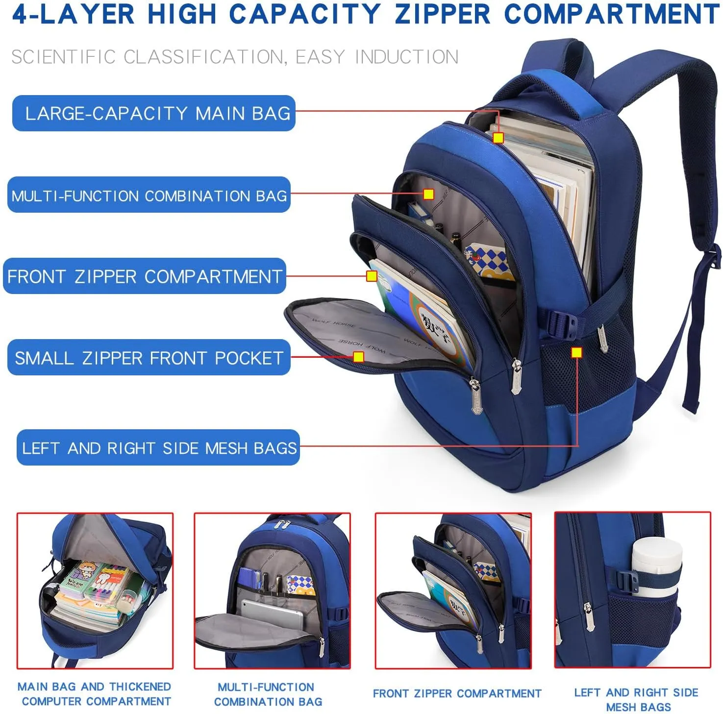 Large trvel Backpack with Laptop Sleeve and Water Bottle Holder, Green (Dark blue with sky blue)