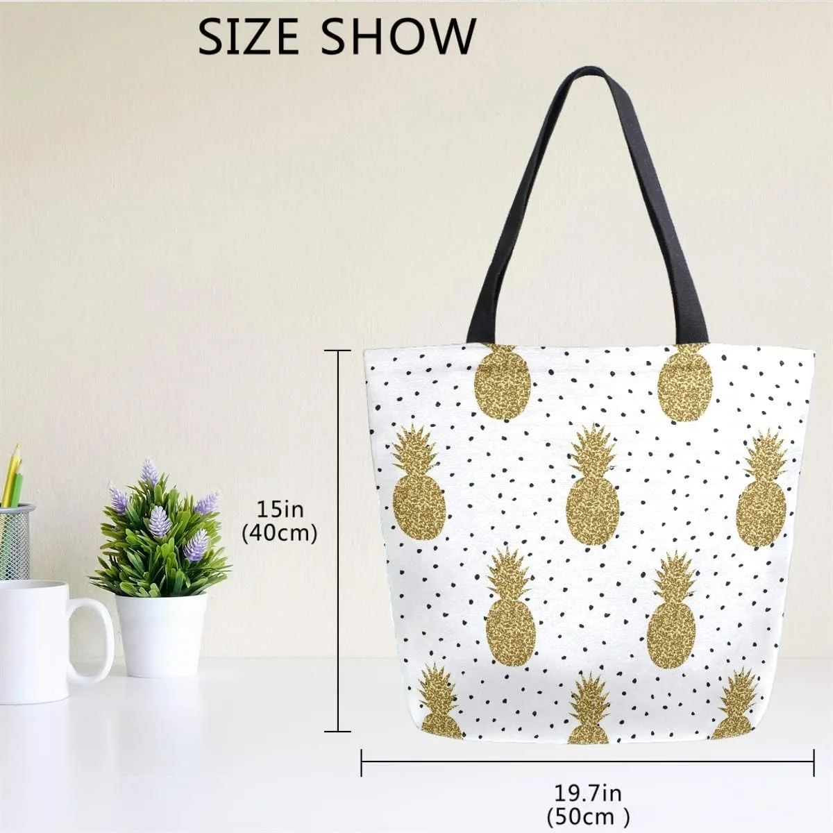 Naanle Pineapple Canvas Tote Bag - Large Women's Casual Shoulder Handbag, Polka Dots Pineapple Reusable Multipurpose Heavy Duty Shopping Grocery Cotton Bag for Outdoors