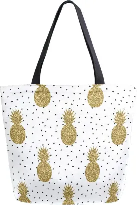 Naanle Pineapple Canvas Tote Bag - Large Women's Casual Shoulder Handbag, Polka Dots Pineapple Reusable Multipurpose Heavy Duty Shopping Grocery Cotton Bag for Outdoors
