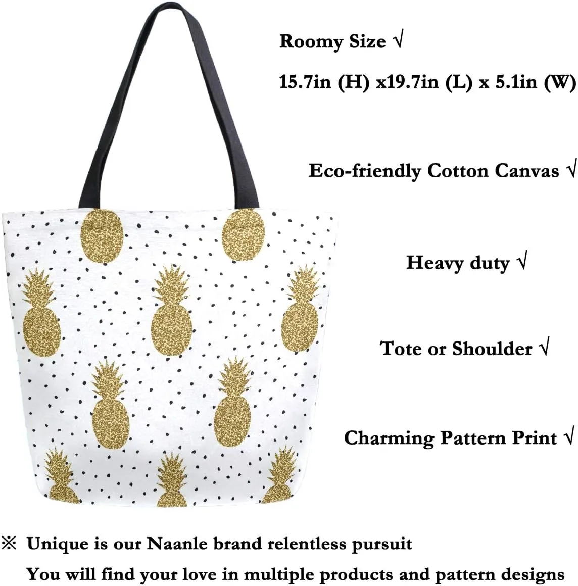 Naanle Pineapple Canvas Tote Bag - Large Women's Casual Shoulder Handbag, Polka Dots Pineapple Reusable Multipurpose Heavy Duty Shopping Grocery Cotton Bag for Outdoors