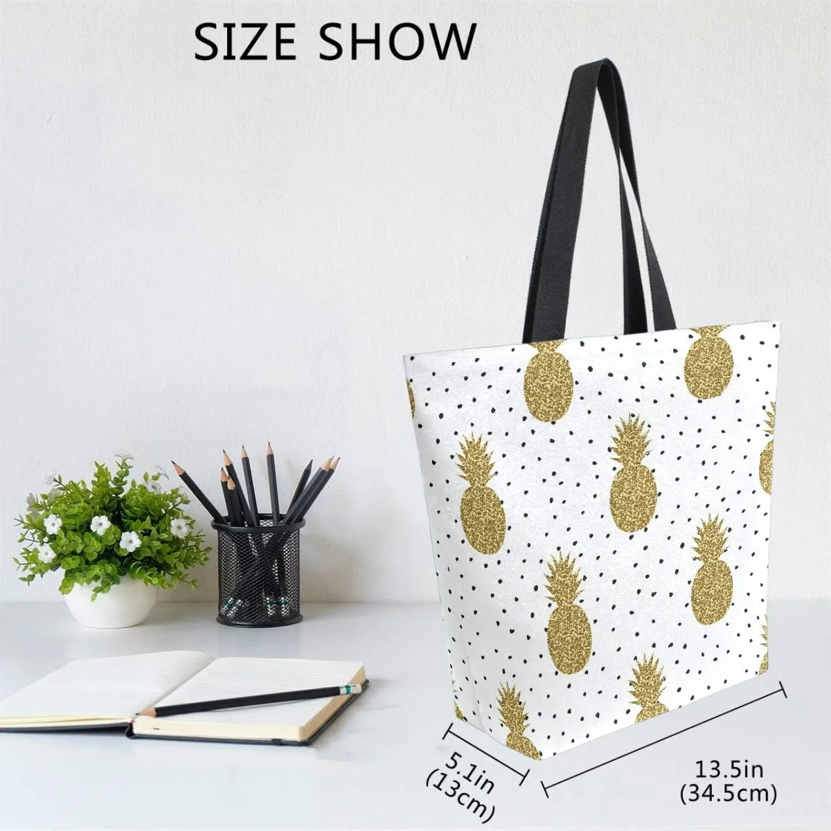 Naanle Pineapple Canvas Tote Bag - Large Women's Casual Shoulder Handbag, Polka Dots Pineapple Reusable Multipurpose Heavy Duty Shopping Grocery Cotton Bag for Outdoors