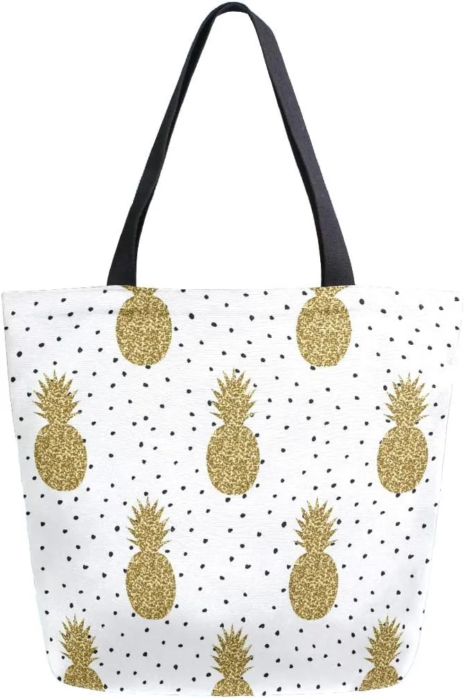 Naanle Pineapple Canvas Tote Bag - Large Women's Casual Shoulder Handbag, Polka Dots Pineapple Reusable Multipurpose Heavy Duty Shopping Grocery Cotton Bag for Outdoors