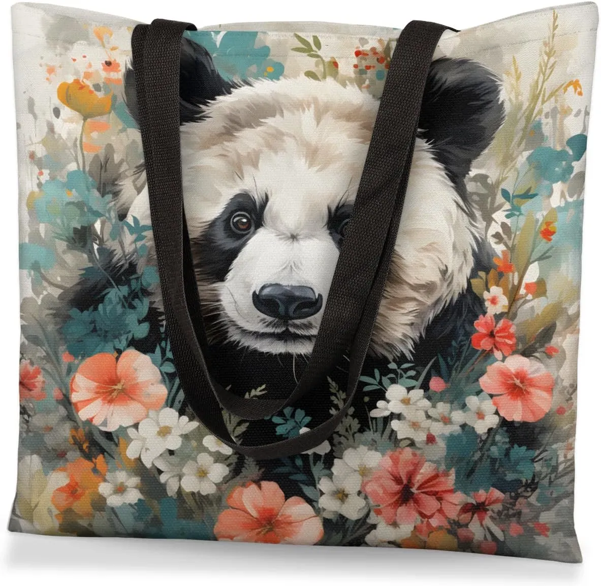 Panda Colorful Couds Cone Hat Canvas Tote Bag for Women Men Stylish Tote Handbag Shoulder Bag Reusable Grocery Bag