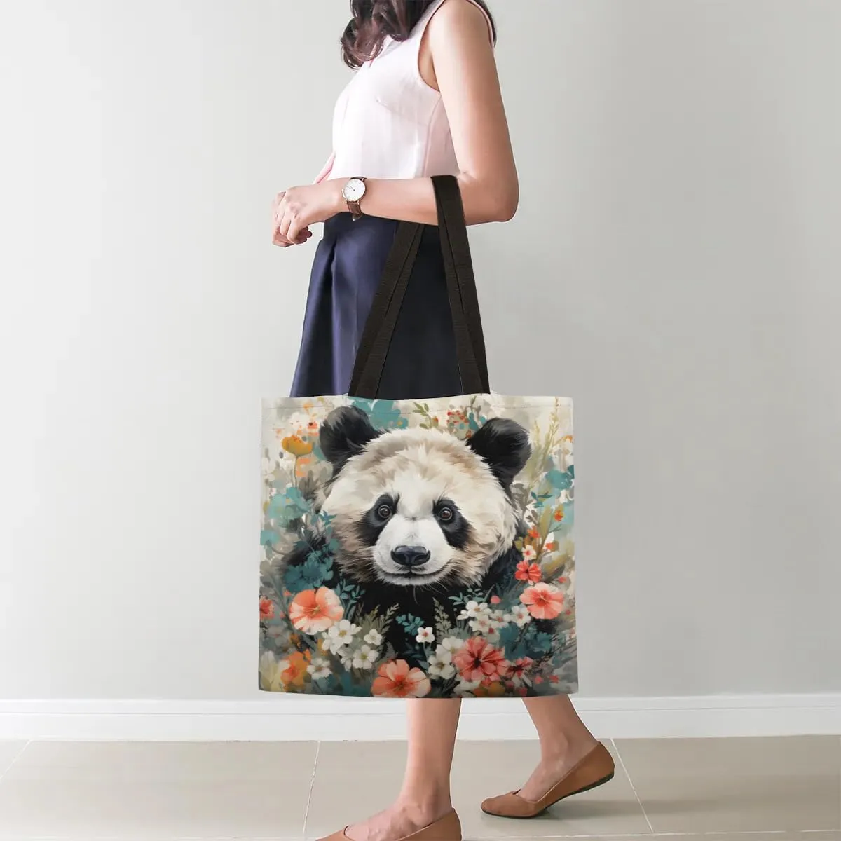 Panda Colorful Couds Cone Hat Canvas Tote Bag for Women Men Stylish Tote Handbag Shoulder Bag Reusable Grocery Bag