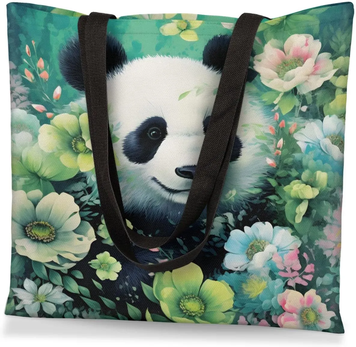 Panda Colorful Couds Cone Hat Canvas Tote Bag for Women Men Stylish Tote Handbag Shoulder Bag Reusable Grocery Bag