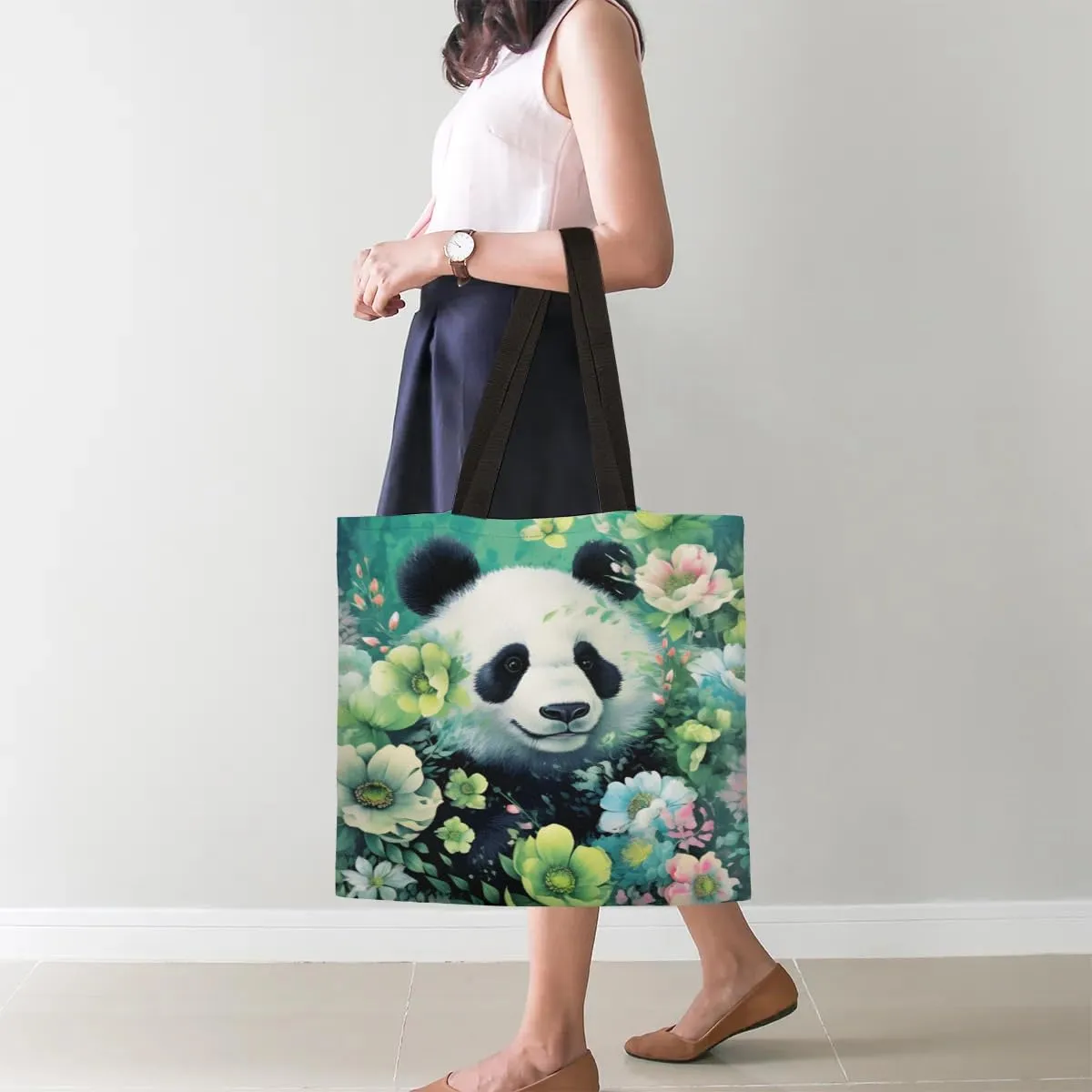Panda Colorful Couds Cone Hat Canvas Tote Bag for Women Men Stylish Tote Handbag Shoulder Bag Reusable Grocery Bag