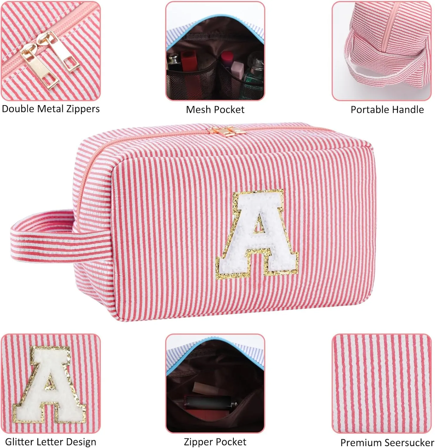 Personalized Initial Makeup Bag A-Z, Travel Toiletry Bag Preppy Make Up Bags Girls Cute Cosmetic Pouch Makeup Organizer Wedding Birthday Mothers Day Gifts for Women (Pink, A)
