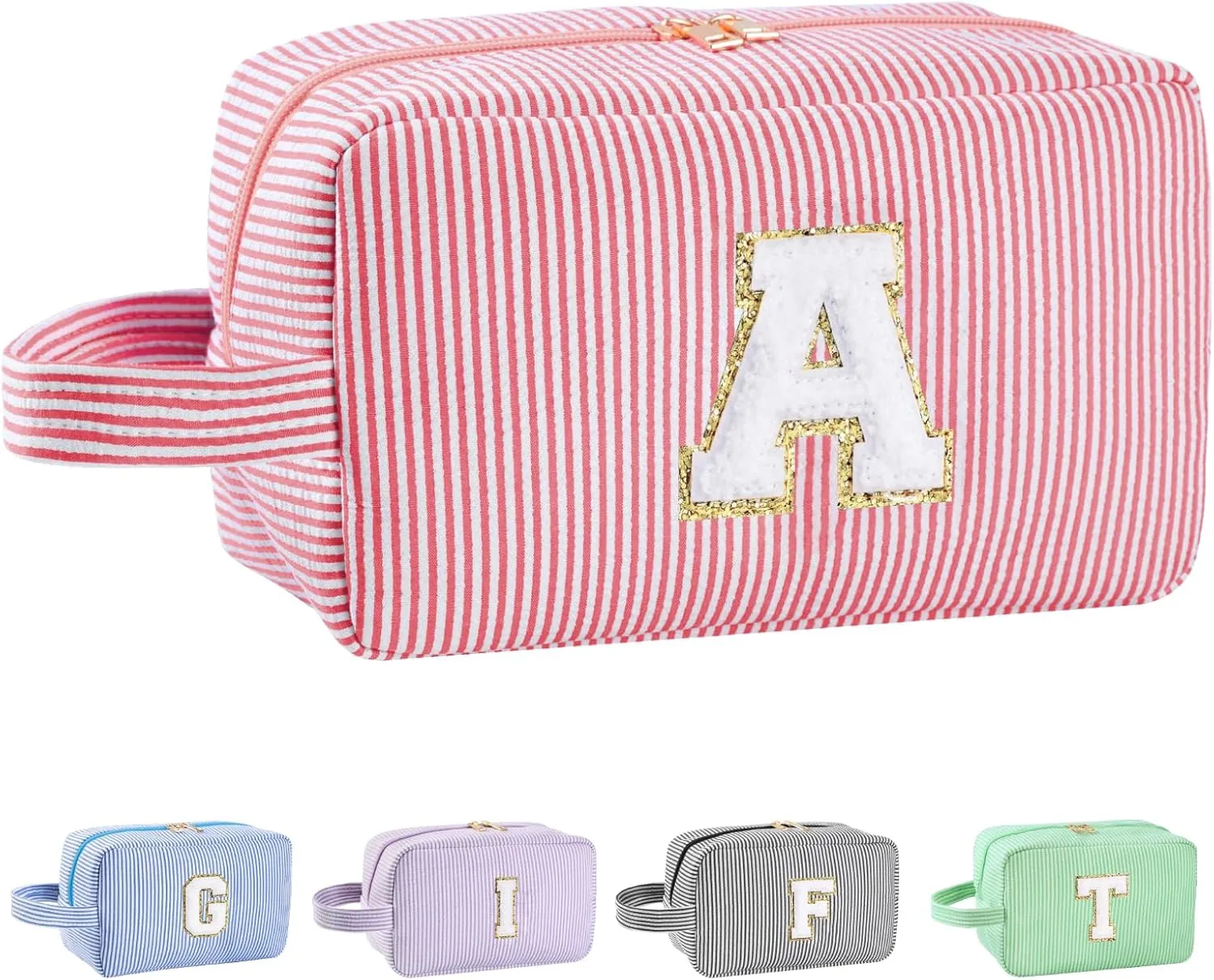 Personalized Initial Makeup Bag A-Z, Travel Toiletry Bag Preppy Make Up Bags Girls Cute Cosmetic Pouch Makeup Organizer Wedding Birthday Mothers Day Gifts for Women (Pink, A)