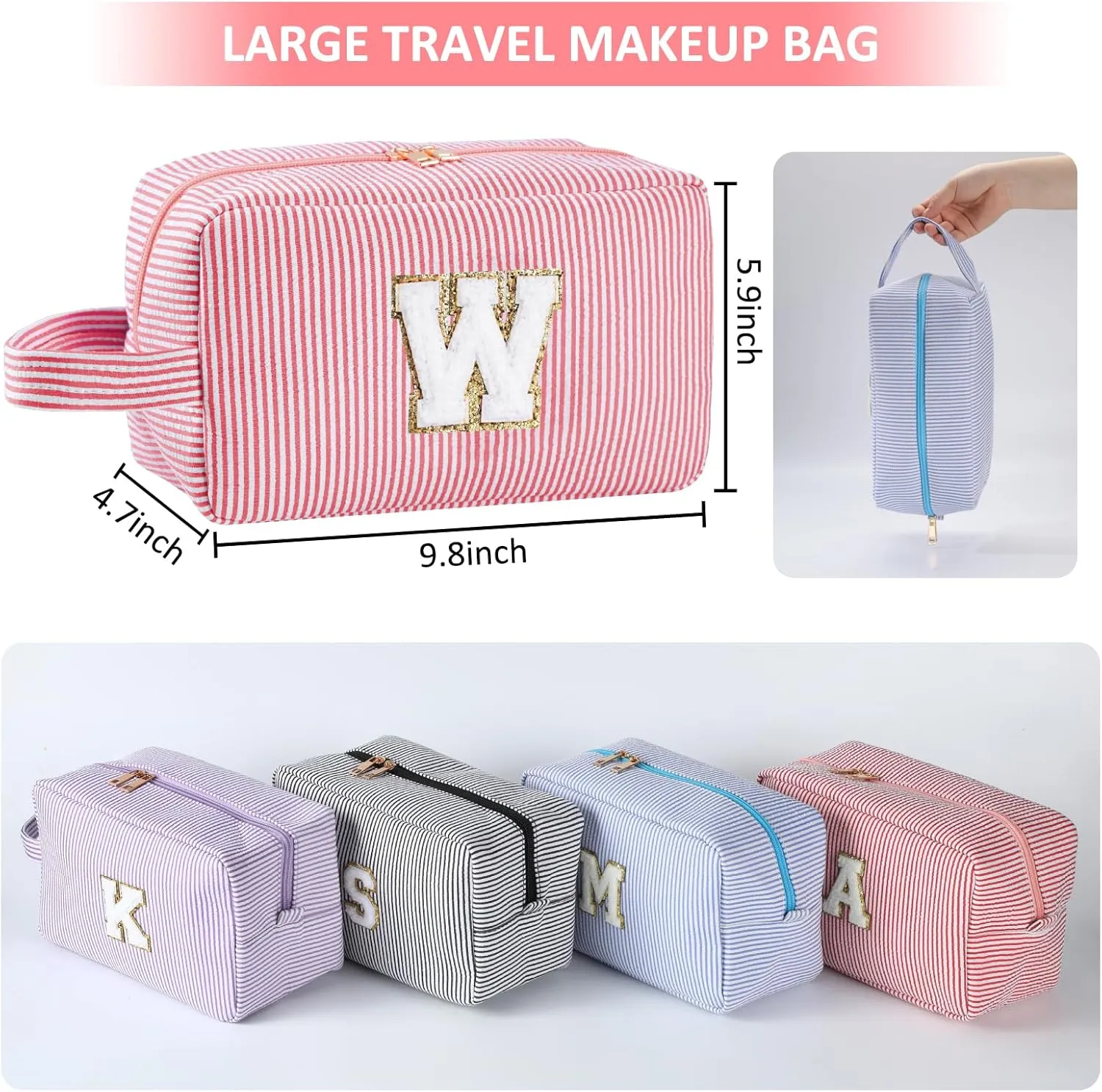 Personalized Initial Makeup Bag A-Z, Travel Toiletry Bag Preppy Make Up Bags Girls Cute Cosmetic Pouch Makeup Organizer Wedding Birthday Mothers Day Gifts for Women (Pink, A)