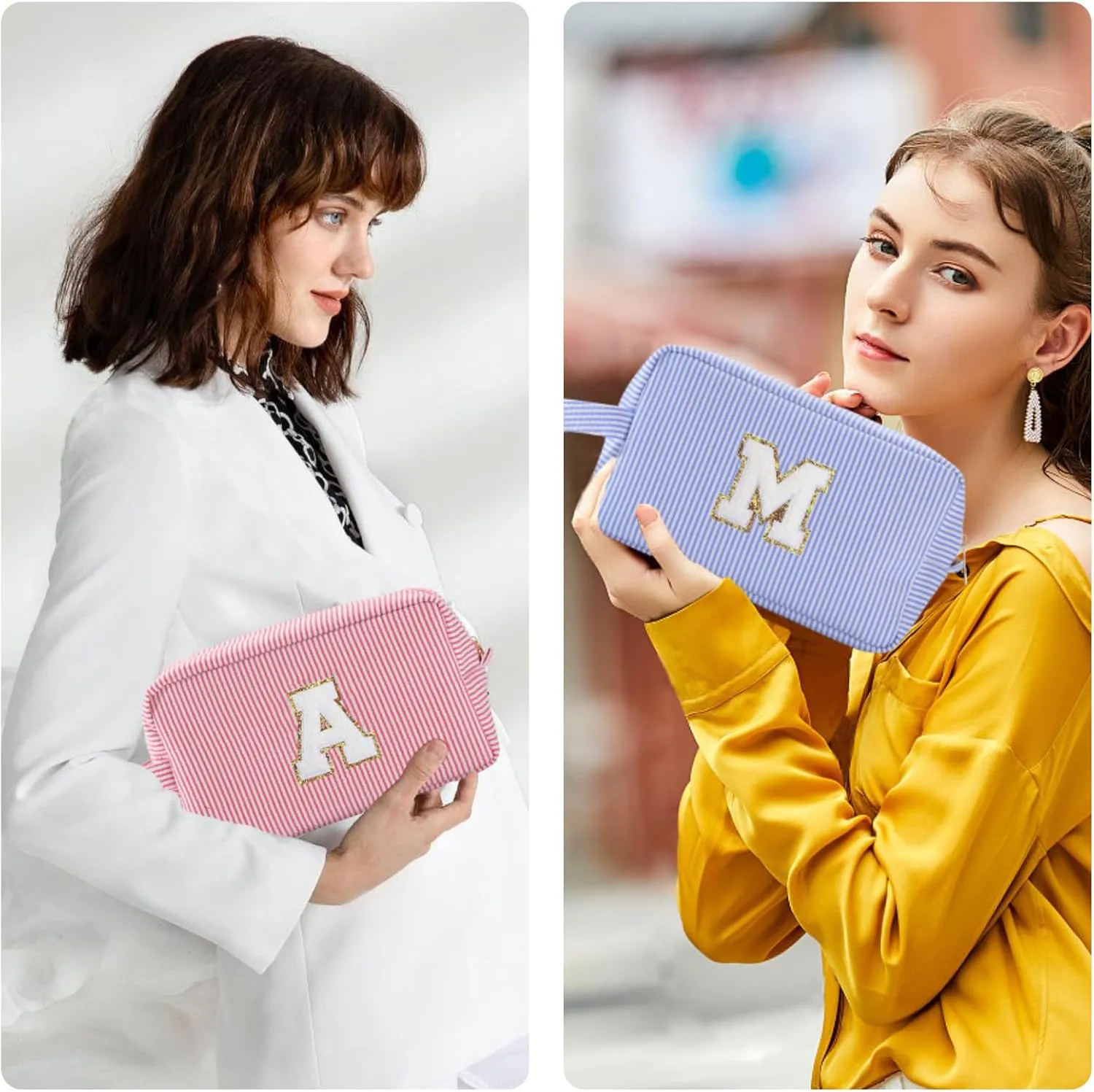 Personalized Initial Makeup Bag A-Z, Travel Toiletry Bag Preppy Make Up Bags Girls Cute Cosmetic Pouch Makeup Organizer Wedding Birthday Mothers Day Gifts for Women (Pink, A)