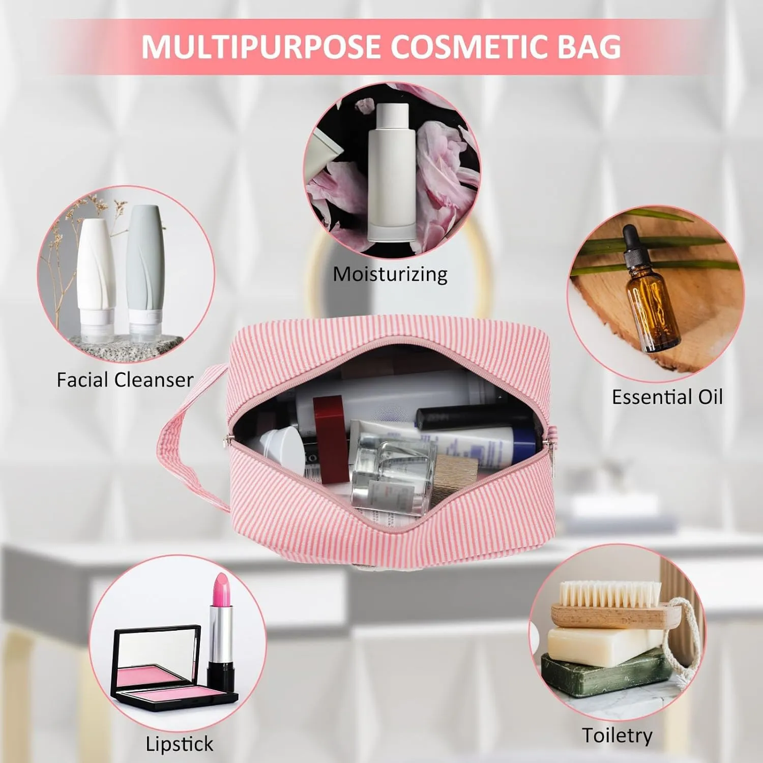 Personalized Initial Makeup Bag A-Z, Travel Toiletry Bag Preppy Make Up Bags Girls Cute Cosmetic Pouch Makeup Organizer Wedding Birthday Mothers Day Gifts for Women (Pink, A)