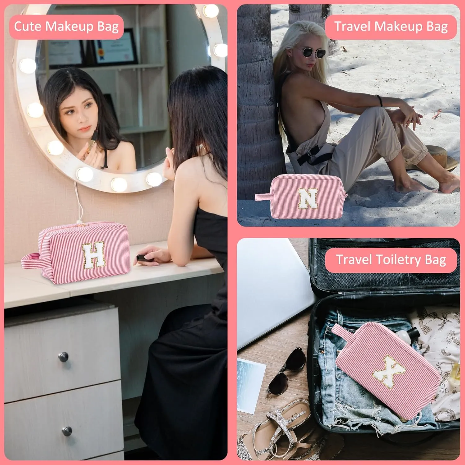 Personalized Initial Makeup Bag A-Z, Travel Toiletry Bag Preppy Make Up Bags Girls Cute Cosmetic Pouch Makeup Organizer Wedding Birthday Mothers Day Gifts for Women (Pink, A)