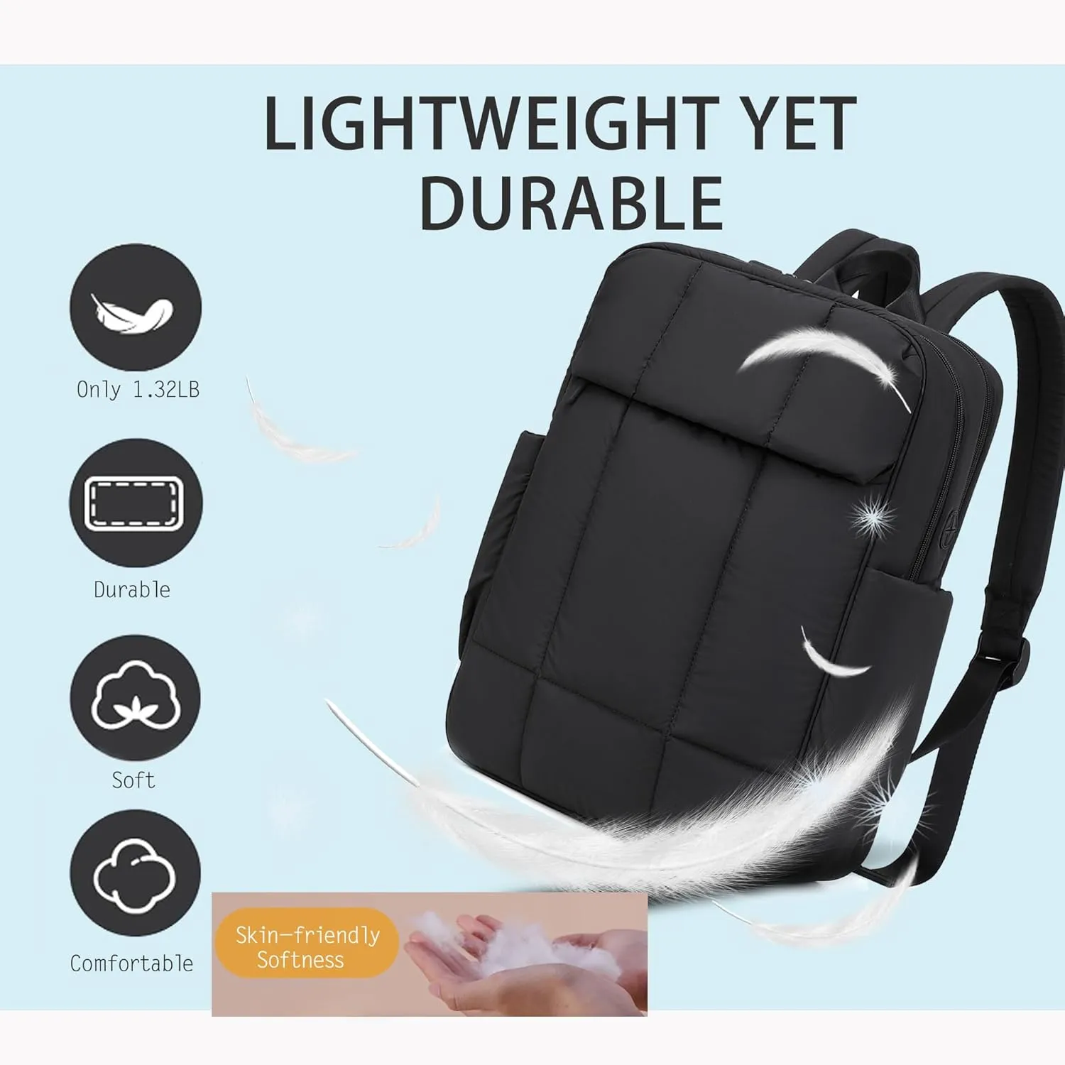 Quilted Laptop Backpack 15.6 Inch with USB Charging Hole,Lightweight Puffer Padding Travel Backpack for Women,Anti Theft College Bookbag,Large Capacity Computer Work Bag Daypack Business,Black
