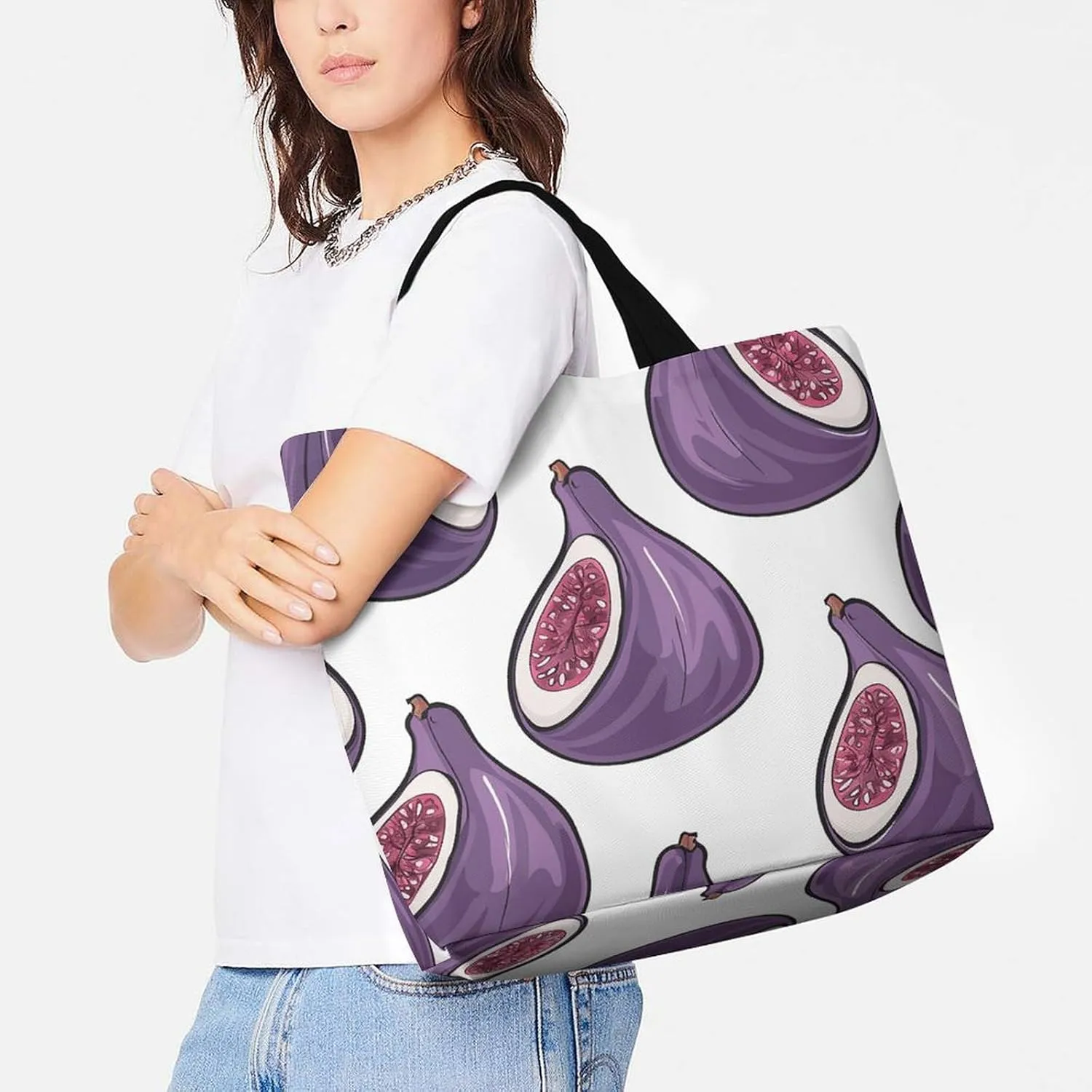 Reusable Grocery Bags Tote Bag Fig Art Pattern Shopping Bags Heavy Duty Washable