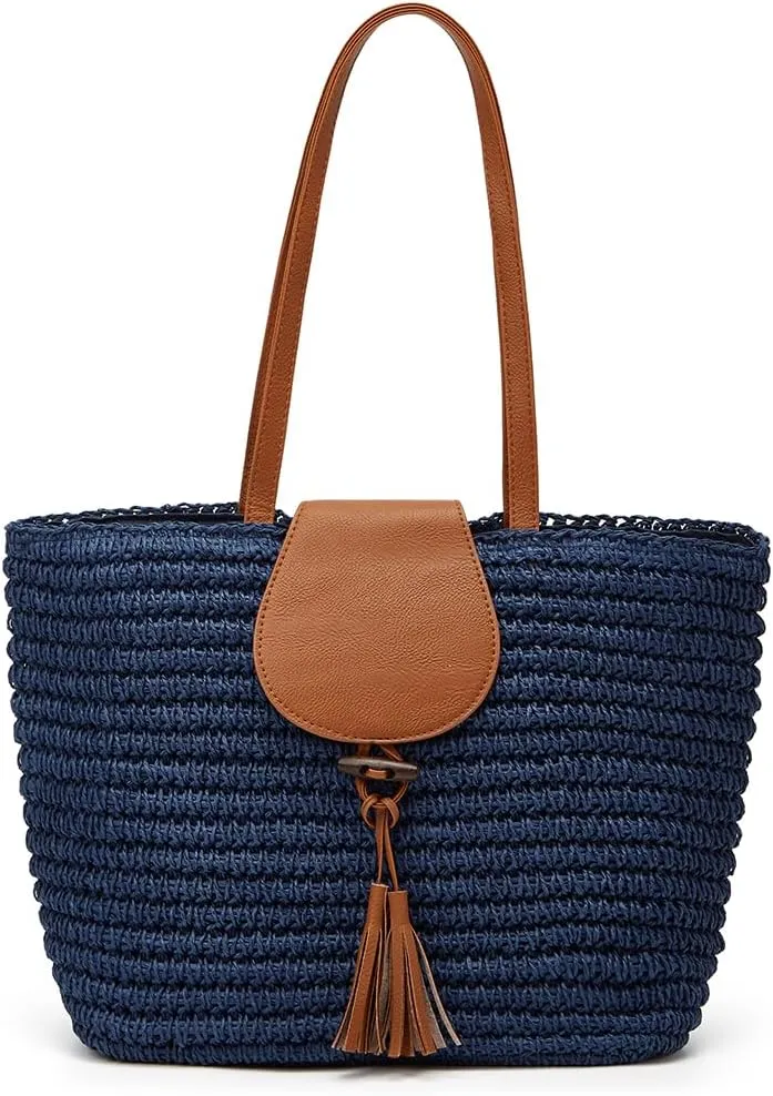 Rungion Summer Straw Shoulder Bags for Women Large Woven Tote Purse Casual Beach Vacation Top Handle Handbags with Tassel