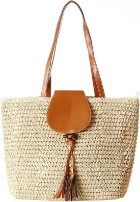 Rungion Summer Straw Shoulder Bags for Women Large Woven Tote Purse Casual Beach Vacation Top Handle Handbags with Tassel