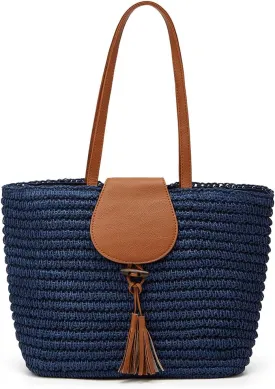 Rungion Summer Straw Shoulder Bags for Women Large Woven Tote Purse Casual Beach Vacation Top Handle Handbags with Tassel