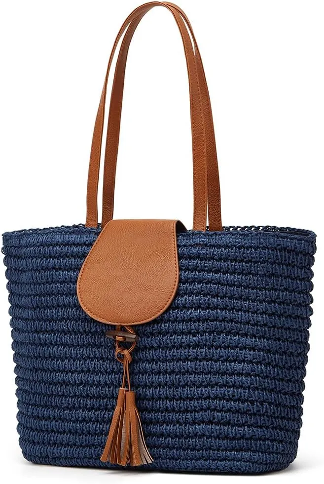 Rungion Summer Straw Shoulder Bags for Women Large Woven Tote Purse Casual Beach Vacation Top Handle Handbags with Tassel