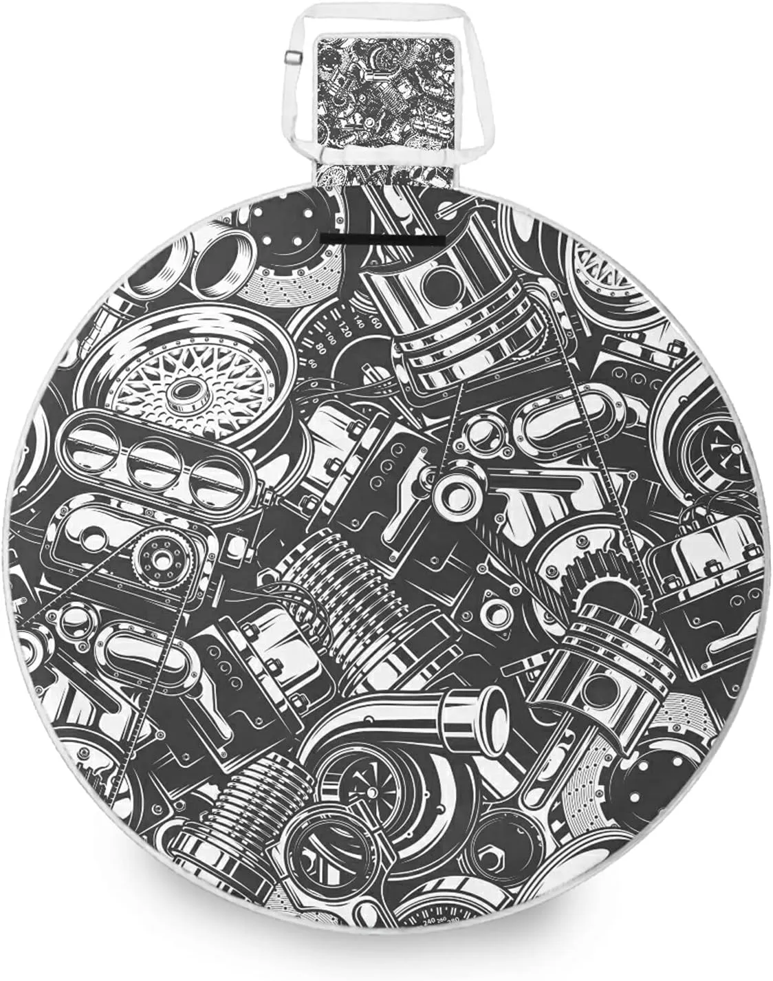 Seamless Car Steel Parts Monochrome Black and White Elements Round Picnic Mat, Outdoor Tote Water-Resistant Backing Handy Portable Blanket for Family Friends Camping Beach Yoga Hiking