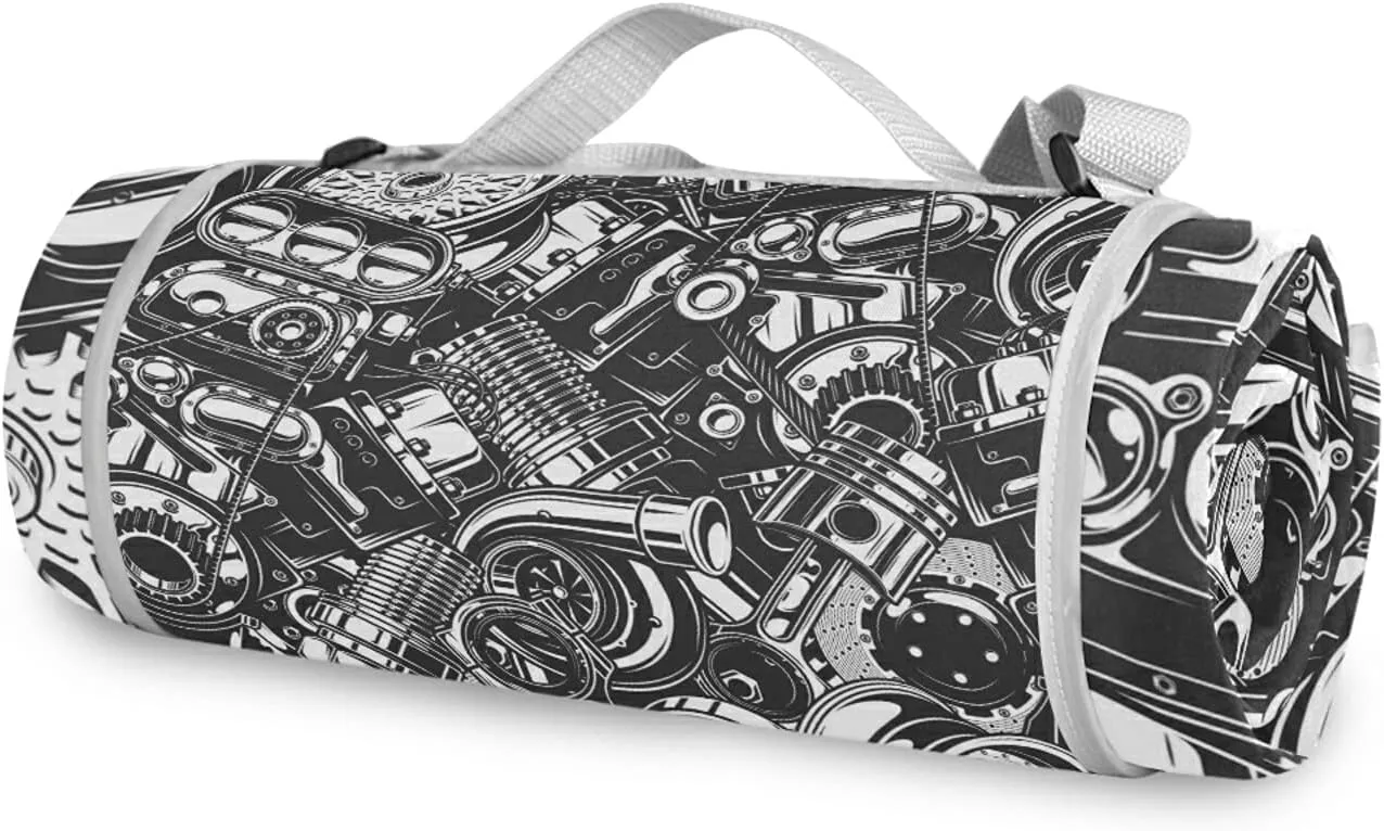 Seamless Car Steel Parts Monochrome Black and White Elements Round Picnic Mat, Outdoor Tote Water-Resistant Backing Handy Portable Blanket for Family Friends Camping Beach Yoga Hiking