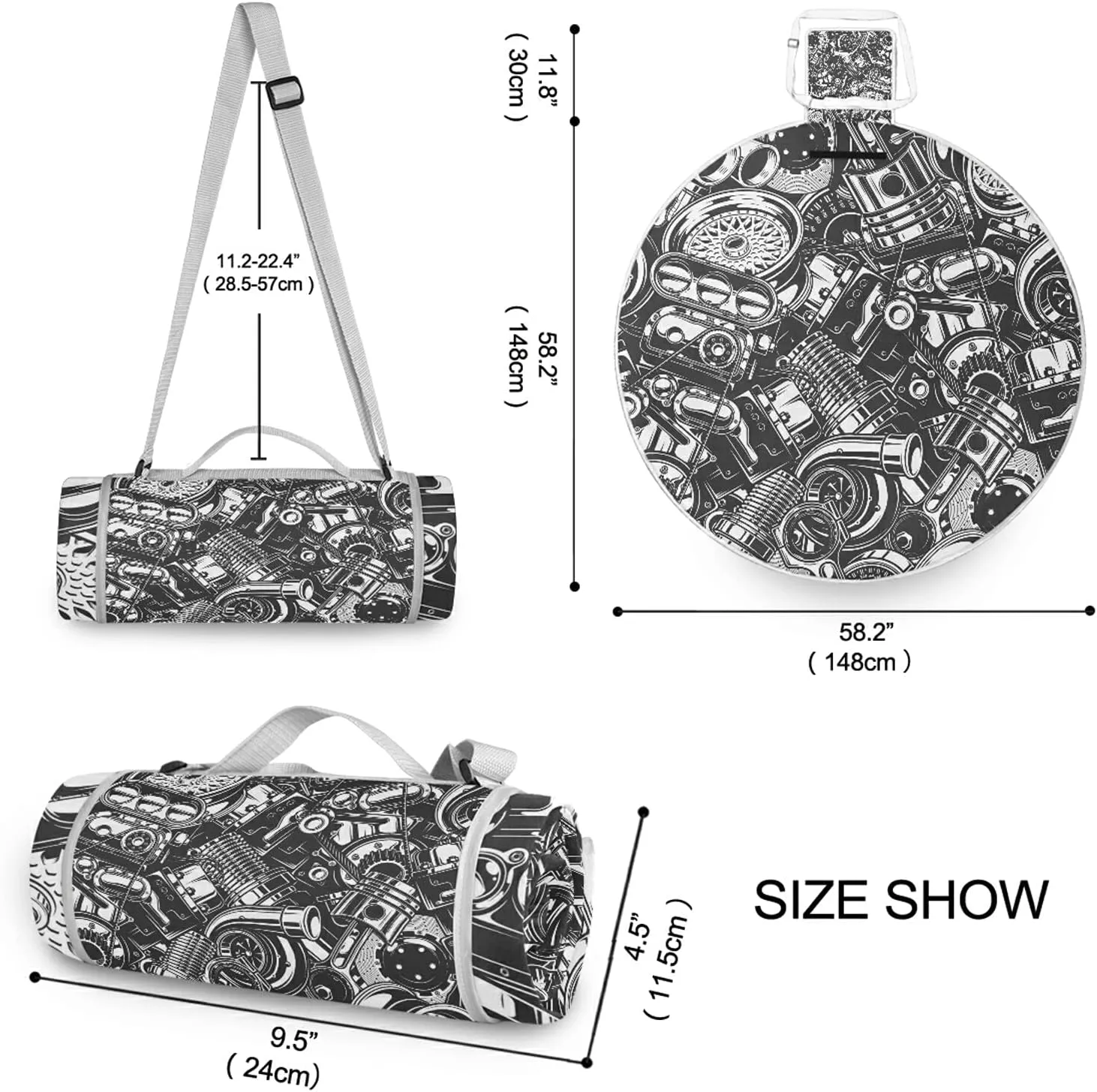 Seamless Car Steel Parts Monochrome Black and White Elements Round Picnic Mat, Outdoor Tote Water-Resistant Backing Handy Portable Blanket for Family Friends Camping Beach Yoga Hiking