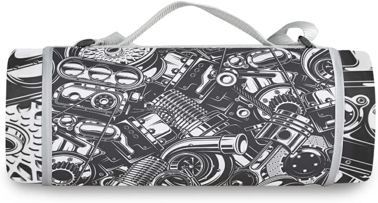 Seamless Car Steel Parts Monochrome Black and White Elements Round Picnic Mat, Outdoor Tote Water-Resistant Backing Handy Portable Blanket for Family Friends Camping Beach Yoga Hiking
