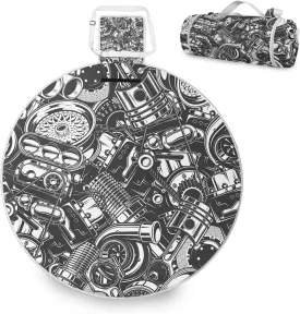 Seamless Car Steel Parts Monochrome Black and White Elements Round Picnic Mat, Outdoor Tote Water-Resistant Backing Handy Portable Blanket for Family Friends Camping Beach Yoga Hiking