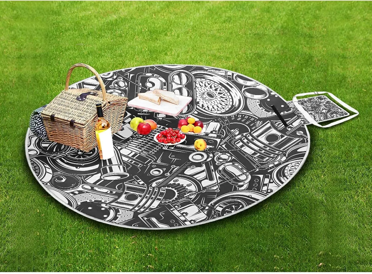 Seamless Car Steel Parts Monochrome Black and White Elements Round Picnic Mat, Outdoor Tote Water-Resistant Backing Handy Portable Blanket for Family Friends Camping Beach Yoga Hiking
