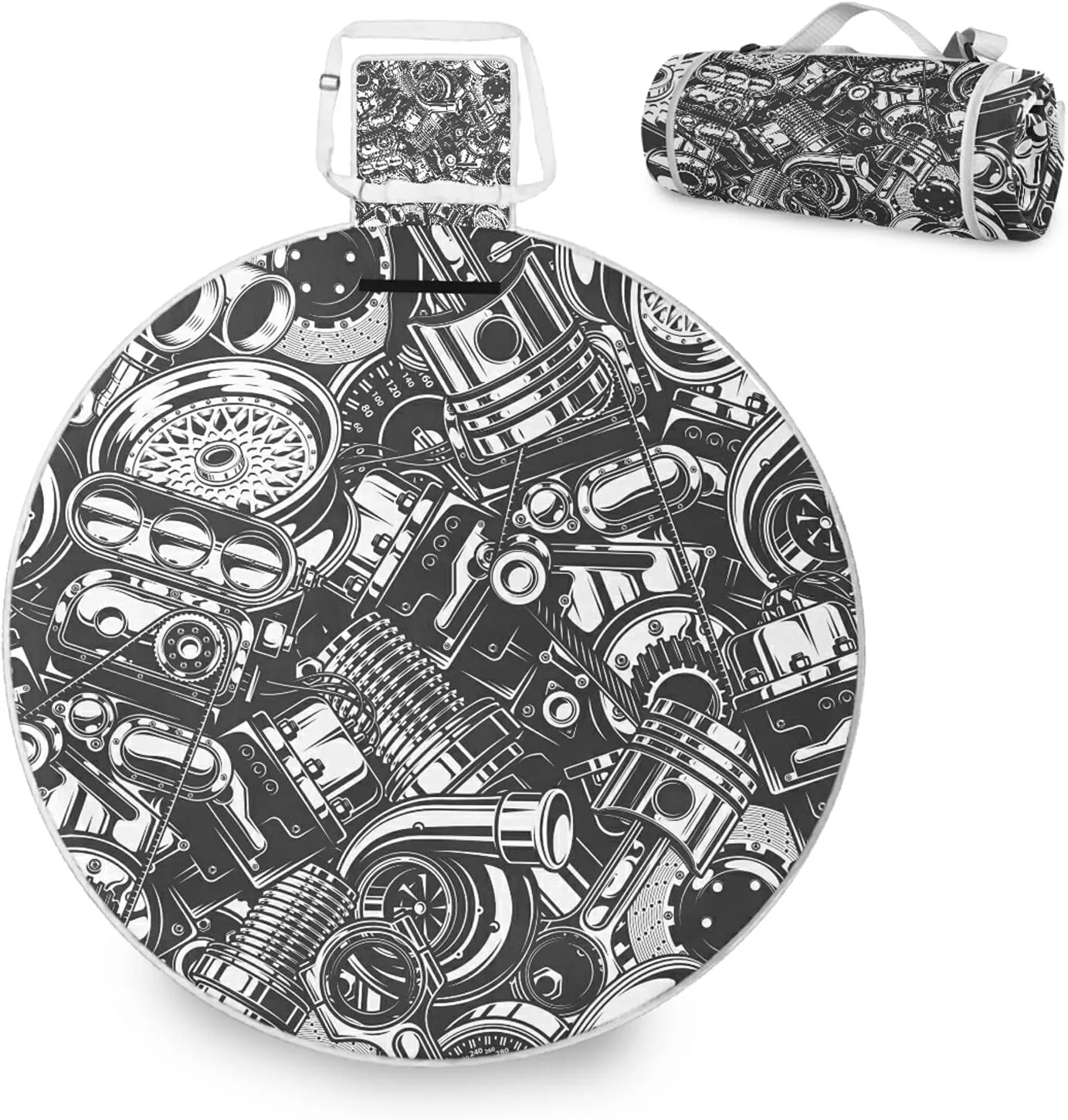 Seamless Car Steel Parts Monochrome Black and White Elements Round Picnic Mat, Outdoor Tote Water-Resistant Backing Handy Portable Blanket for Family Friends Camping Beach Yoga Hiking