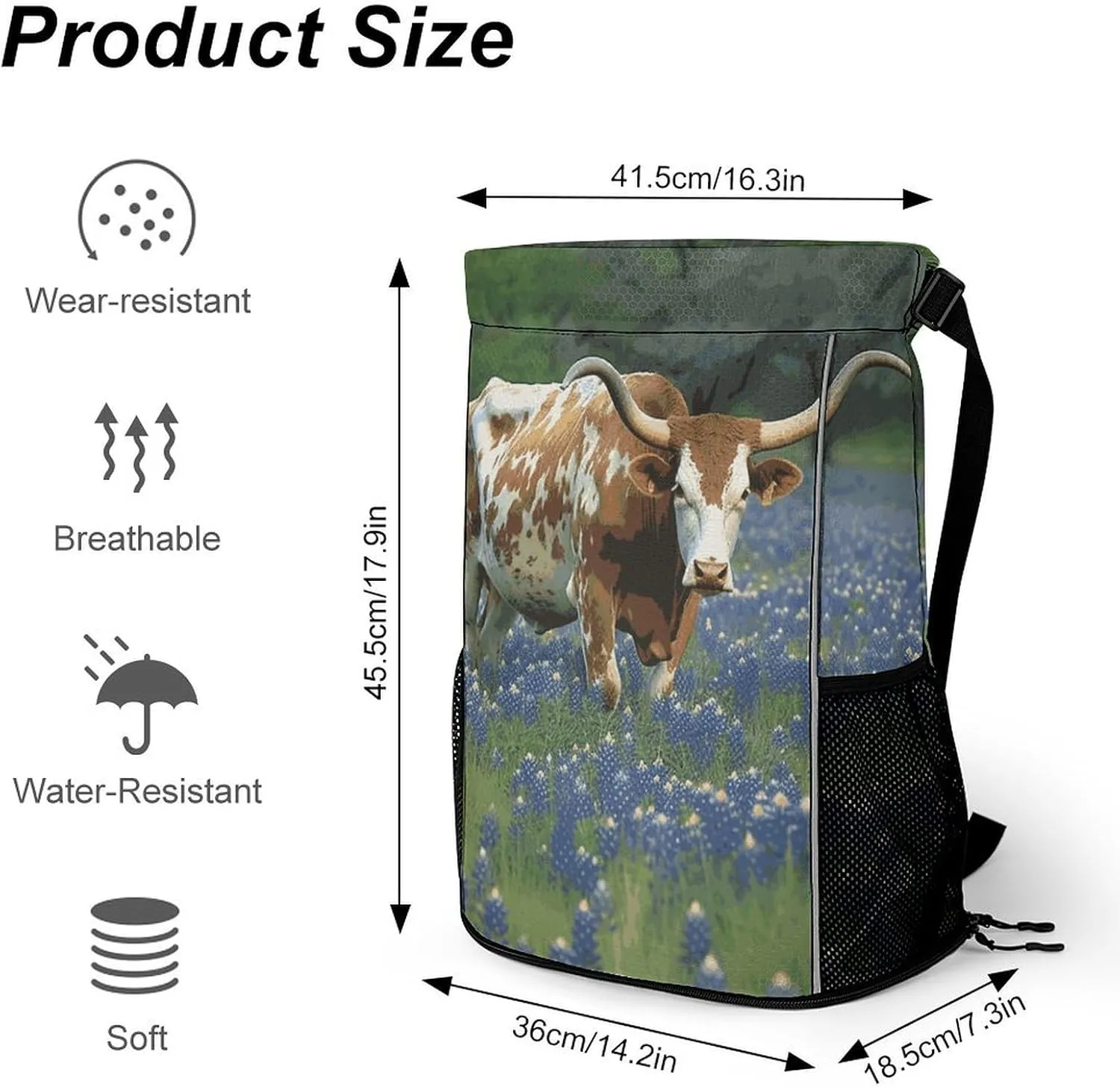 Sports Drawstring Backpack Lightweight Small Gym Bag Bluebonnet Longhorn Gym Sackpack for Women Men