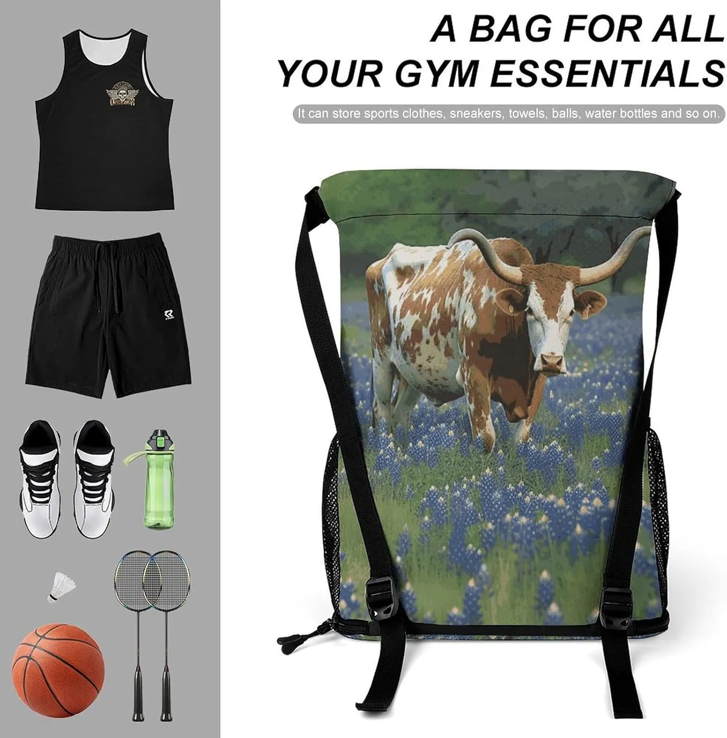 Sports Drawstring Backpack Lightweight Small Gym Bag Bluebonnet Longhorn Gym Sackpack for Women Men