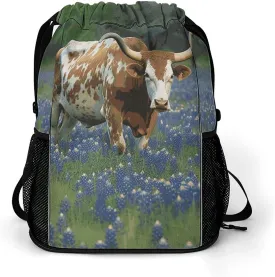 Sports Drawstring Backpack Lightweight Small Gym Bag Bluebonnet Longhorn Gym Sackpack for Women Men